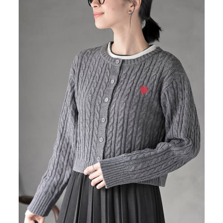 ハート刺繍ケーブルニットクルーネックカーディガン | rps | 詳細画像7 