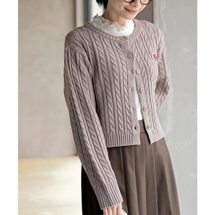 グレージュ | ハート刺繍ケーブルニットクルーネックカーディガン | rps