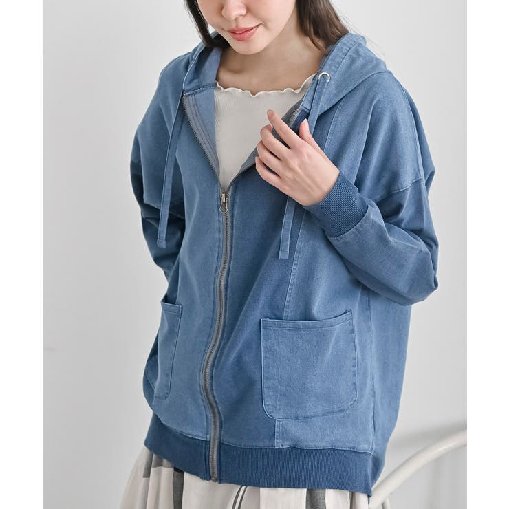 インディゴ裏毛布帛切替ジップパーカー | rps | 詳細画像1 