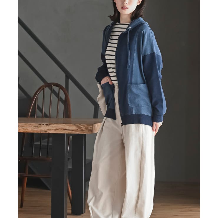 インディゴ裏毛布帛切替ジップパーカー | rps | 詳細画像10 