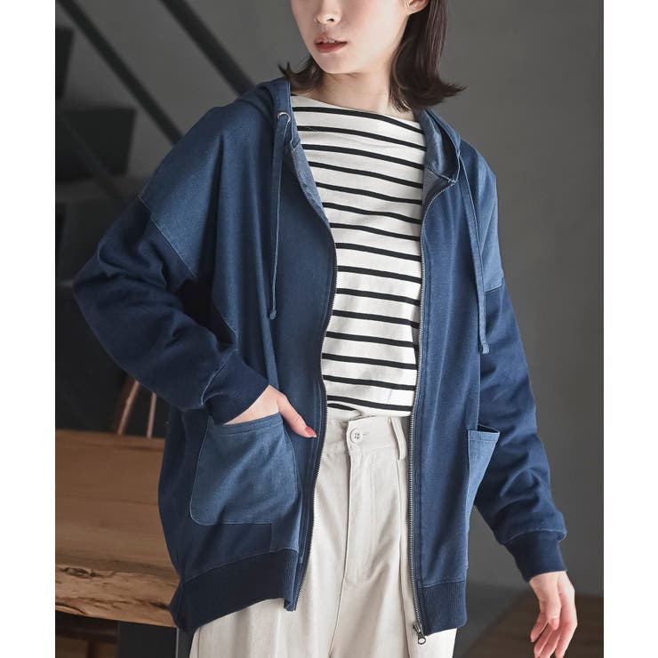 ネイビー | インディゴ裏毛布帛切替ジップパーカー | rps