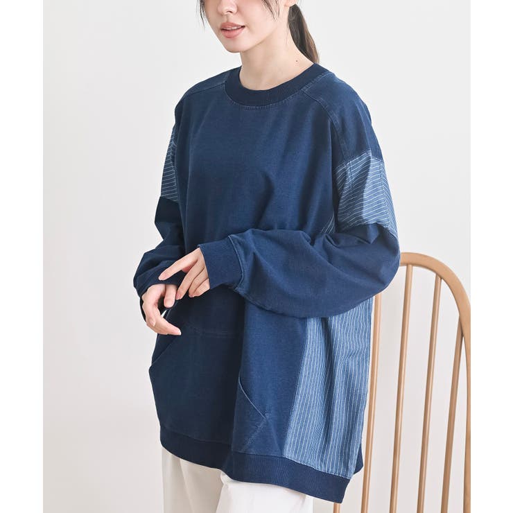 ネイビー | インディゴ裏毛サイド切替ワイドプルオーバ | rps