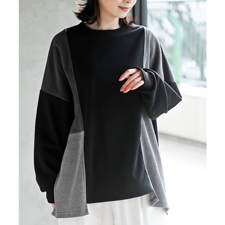 ブラック | 裏毛ワッフル切替チュニック | rps