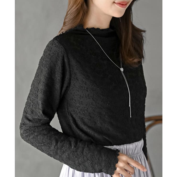 ブラック | 花柄シアーボトルネックカットソー | rps