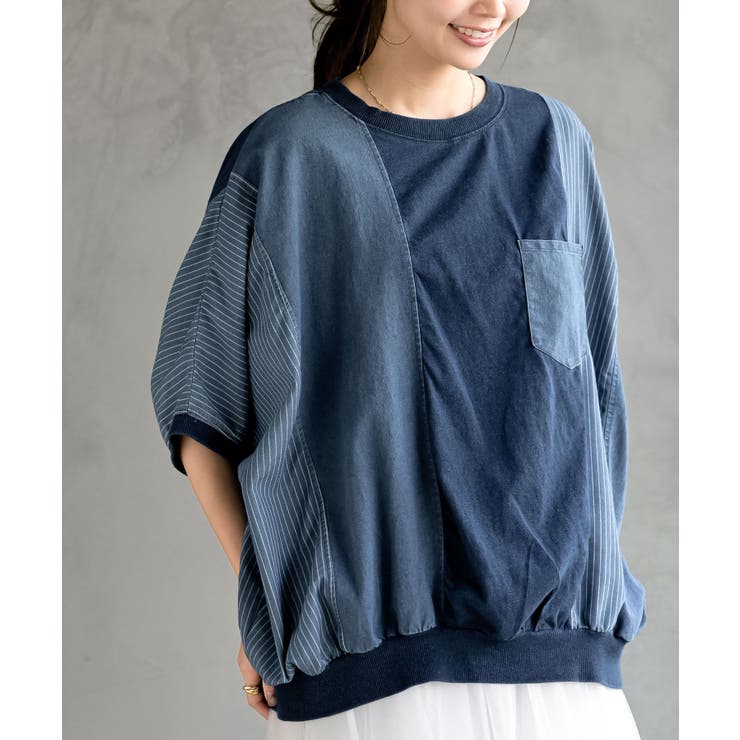 ネイビー | インディゴ天竺ストライプ切替プルオーバー | rps