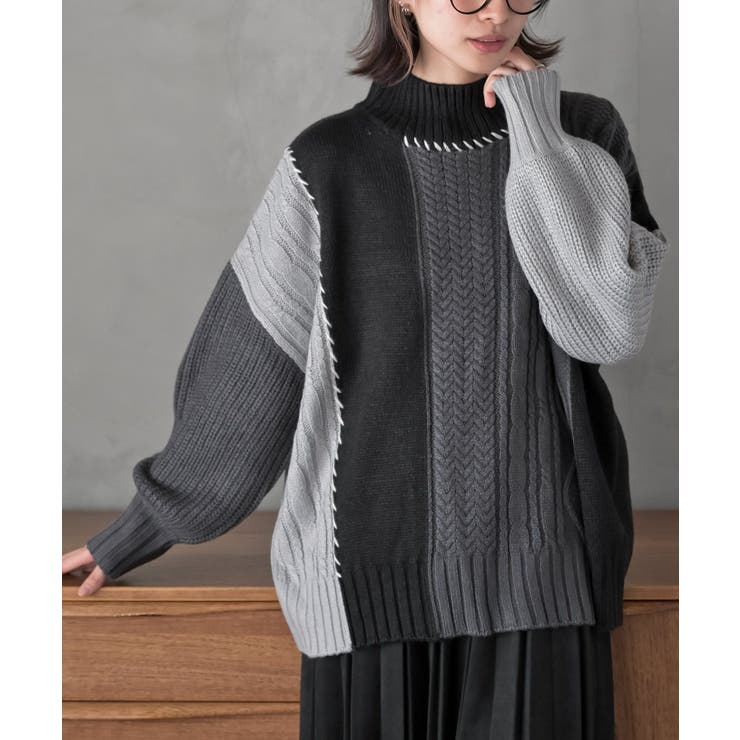 iki ハンドニット プルオーバー CASA FLINE - ワイドリブハンドニットプルオーバー (グレー) WIDE RIB