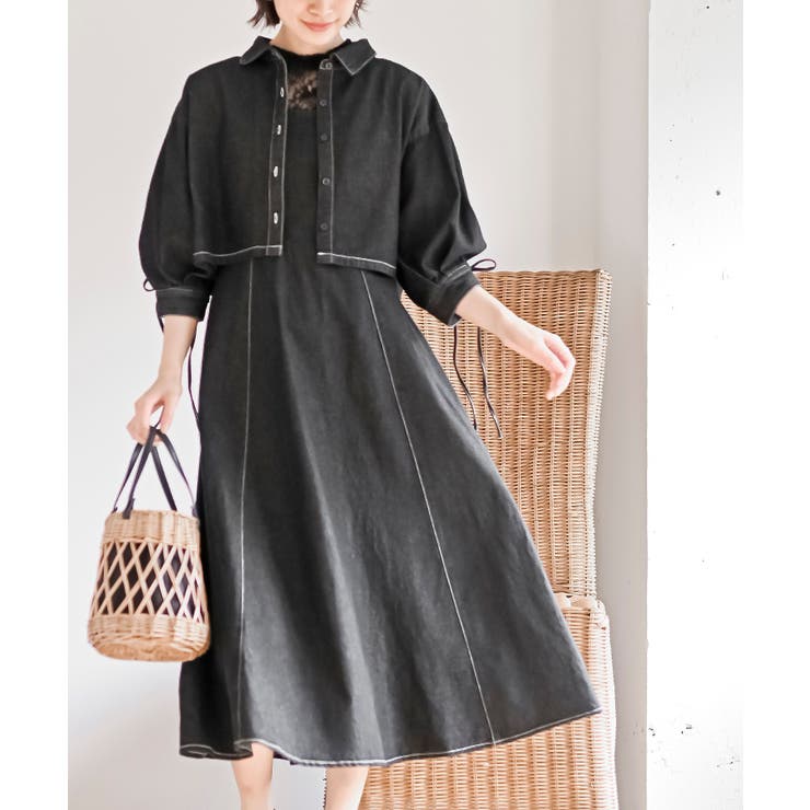 ブラック | ドロスト８分袖シャツ×キャミワンピースデニムセットアップ | rps