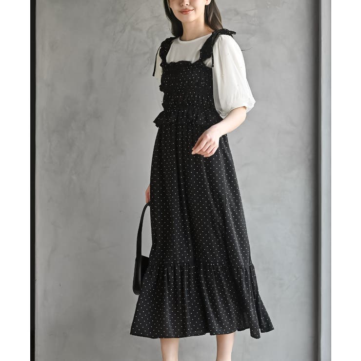 ブラック | リボン付きシャーリングキャミワンピース | rps