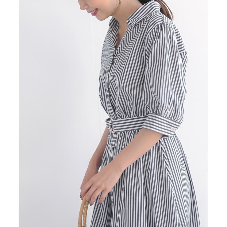 misamo チャコールグレー の七分袖ロングワンピース ベルト付き ワンピース レディース 長袖 ロングワンピース シャツワンピース