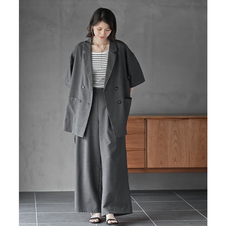 HYEIN SEOグレー ワイドパンツ フード付きジャケット セット ダブルビッグジャケット×ワイドパンツセットアップ[品番