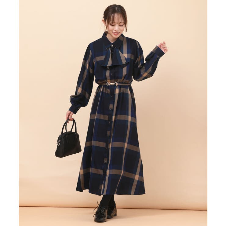 ベルト付きボータイチェックワンピース[品番：RPSW0001866]｜rps