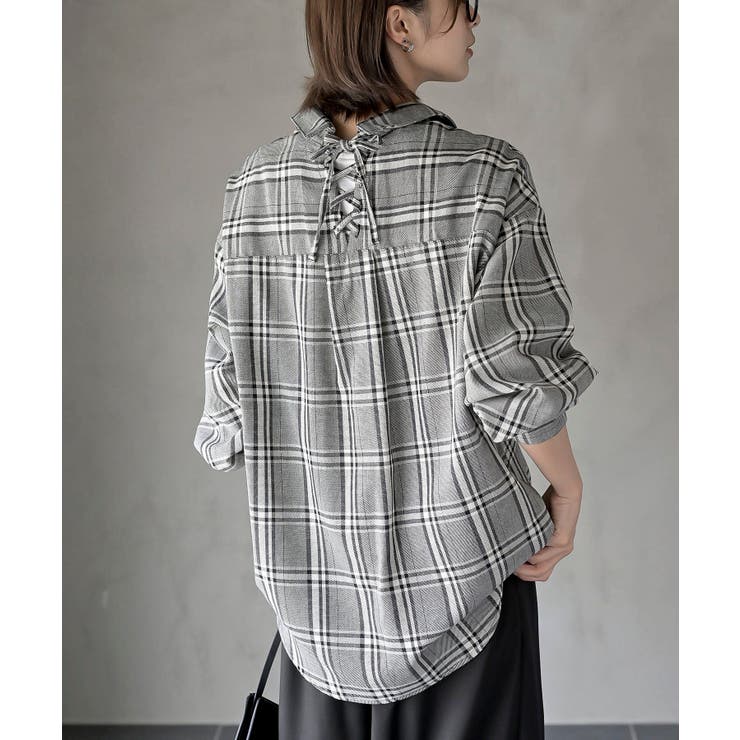 ＢＡＣＫレースアップ裾タックチェックブラウス | rps | 詳細画像16 