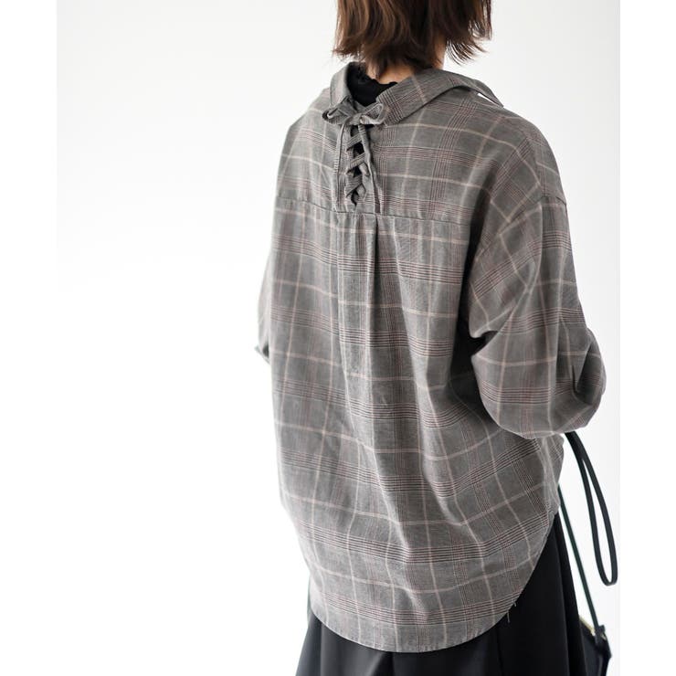 ＢＡＣＫレースアップ裾タックチェックブラウス | rps | 詳細画像8 