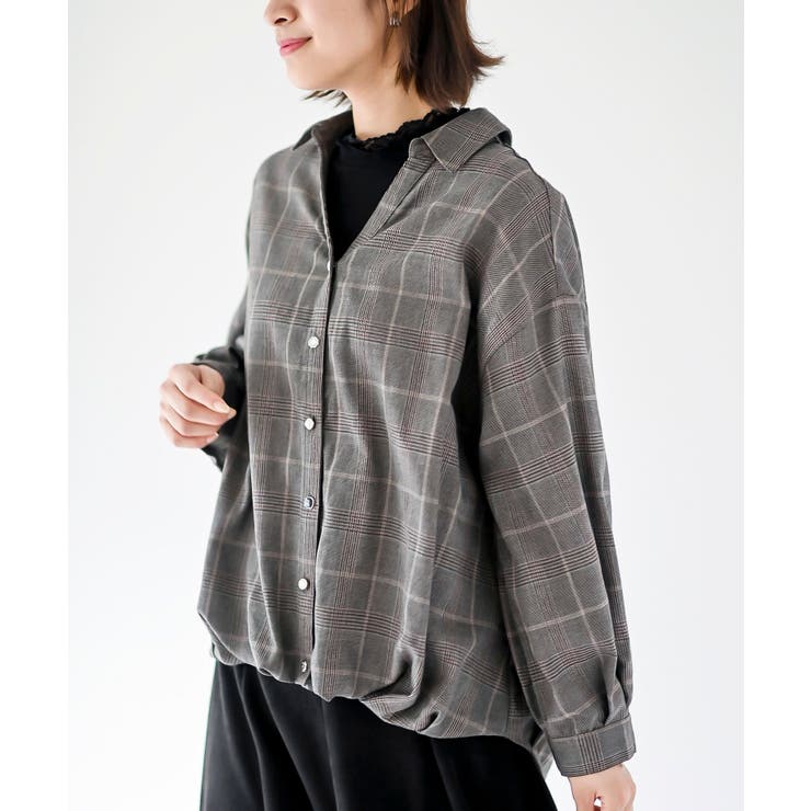 CHACグレー | ＢＡＣＫレースアップ裾タックチェックブラウス | rps