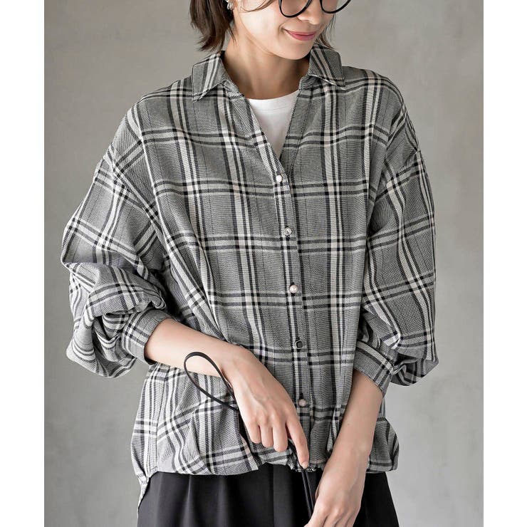 ブラック | ＢＡＣＫレースアップ裾タックチェックブラウス | rps