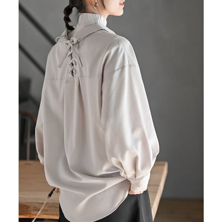 オフベージュ | ＢＡＣＫレースアップ裾タックブラウス | rps