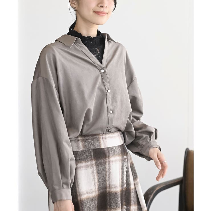 モカ | ＢＡＣＫレースアップ細コール裾タック多釦ブラウス | rps