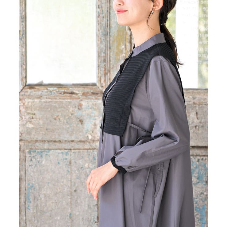 美品 モラビトブラン ロゴ革パッチ付き バンドカラーシャツワンピース チュニック 美品 モラビトブラン ロゴ革パッチ付き バンドカラーシャツ