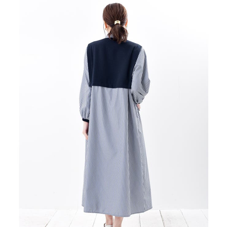 新品✨自由区 洗える‼️cangioli シャツワンピース　バンドカラー　ネイビー 新品✨自由区 洗える‼️cangioli シャツワンピース バンドカラー