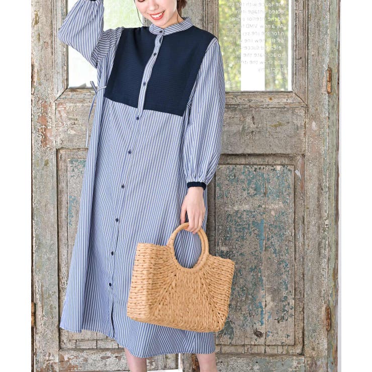 美品 モラビトブラン ロゴ革パッチ付き バンドカラーシャツワンピース チュニック パウダーツイルストレッチシャツワンピース｜BIGI online store