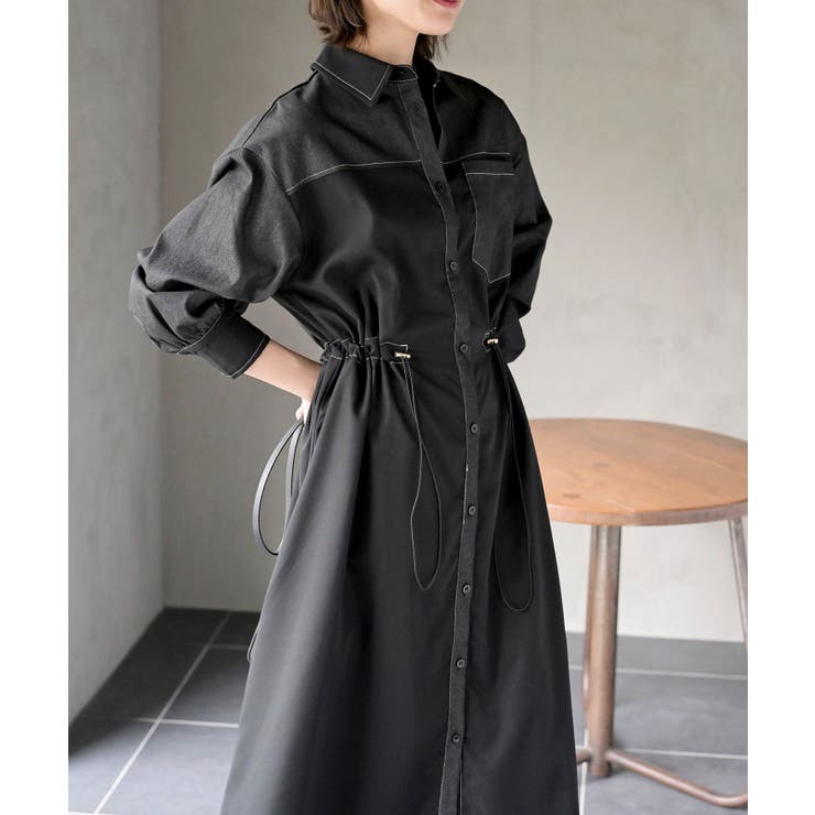 デニム異素材使いドロストシャツワンピース[品番：RPSW0003092]｜rps