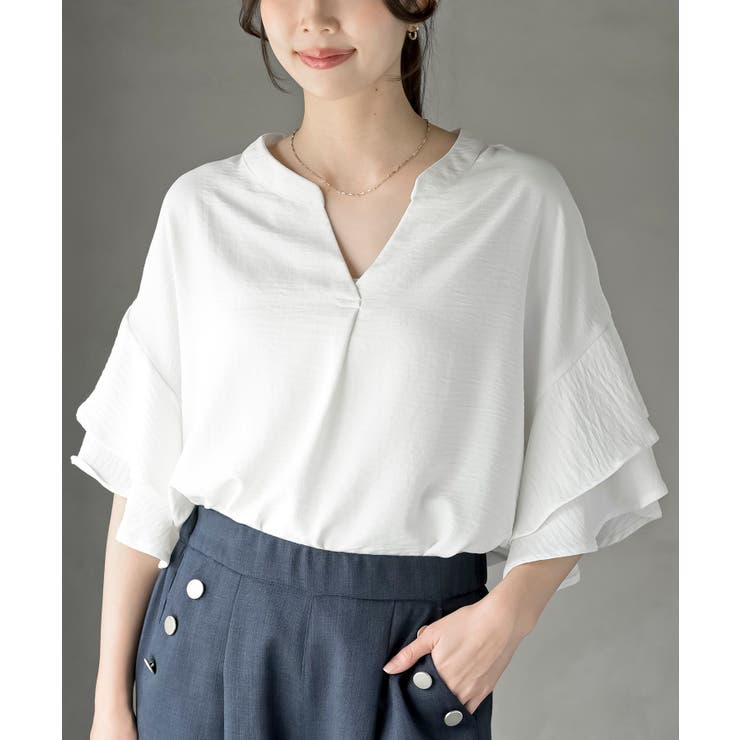 極美品】☆BLUE EAST 半袖ダブルフリルデザインブラウス 水色