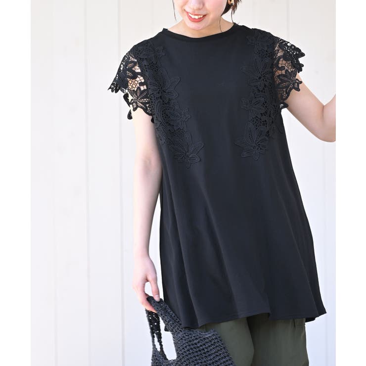 ブラック | レース袖カットチュニック | rps