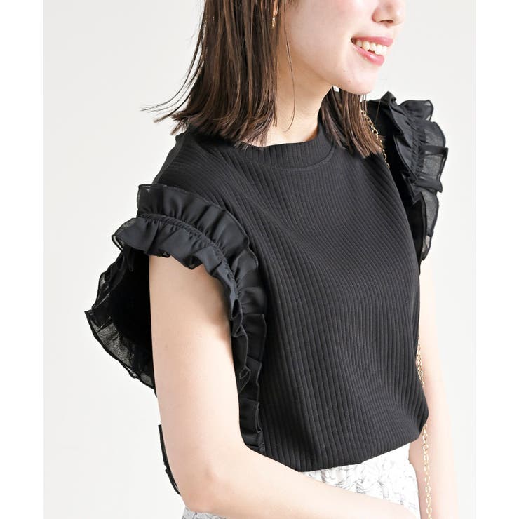 ブラック | フリルスリーブリブＴシャツ | rps