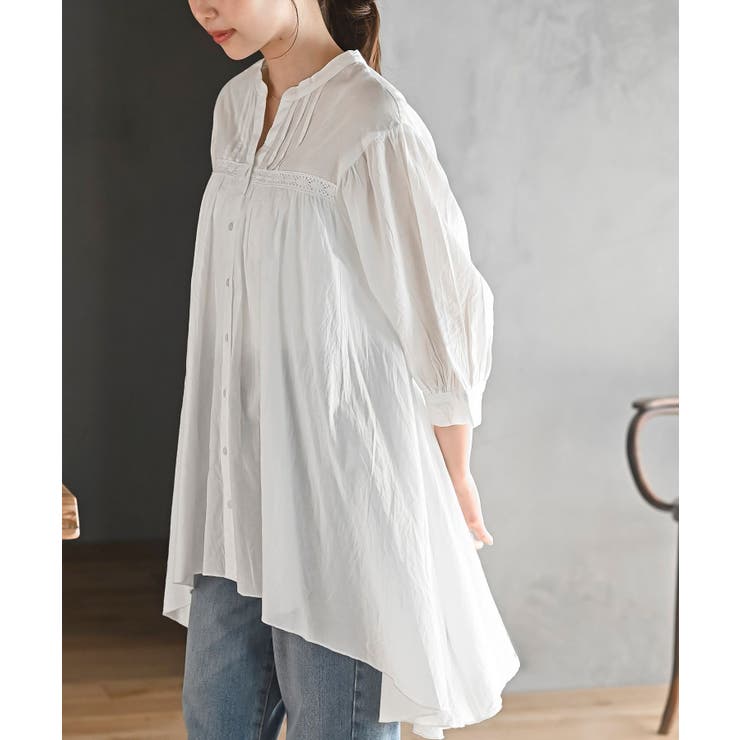 オフホワイト | バンドカラーコットンフレアーロングブラウス | rps