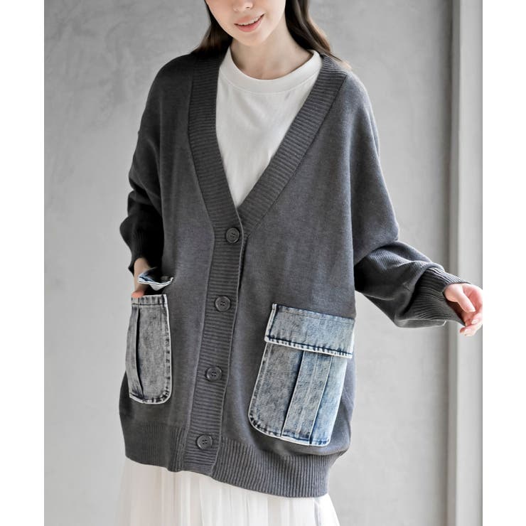 杢チャコール | デニムポケットＶネックニットカーディガン | rps