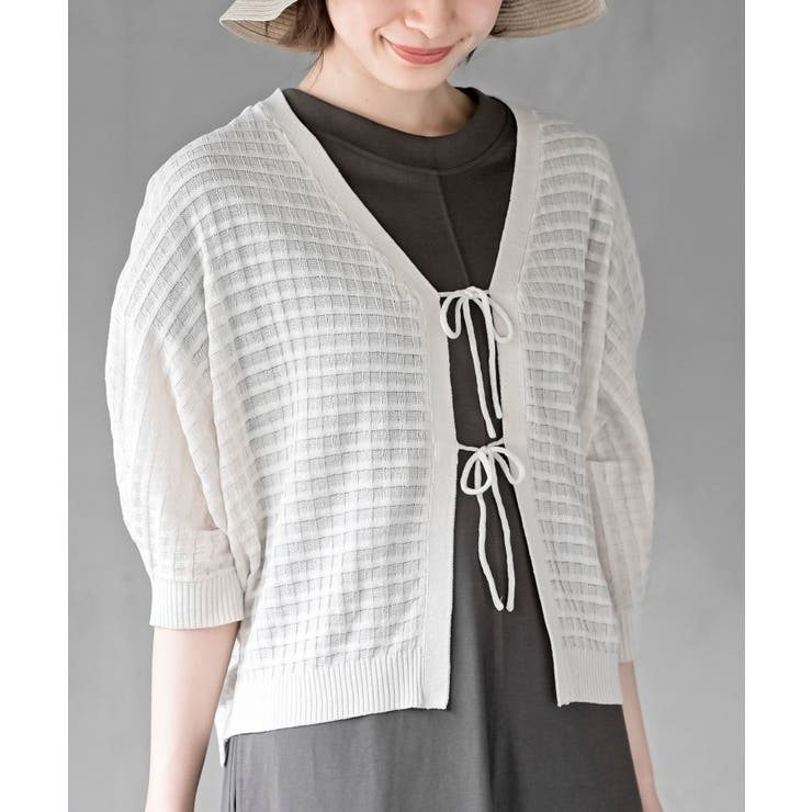 格子編み前リボン５分袖ニットカーディガン | rps | 詳細画像1 