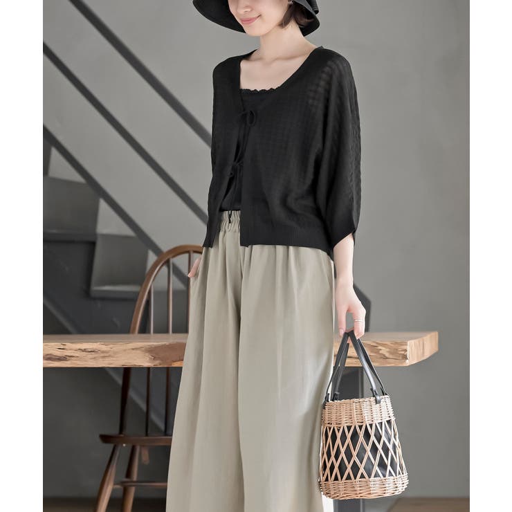 格子編み前リボン５分袖ニットカーディガン | rps | 詳細画像11 