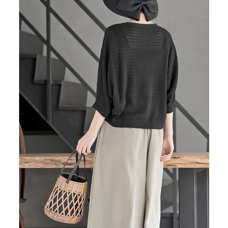 格子編み前リボン５分袖ニットカーディガン | rps | 詳細画像12 