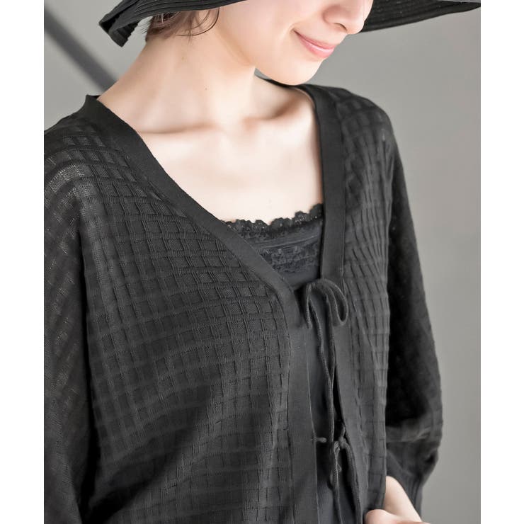 格子編み前リボン５分袖ニットカーディガン | rps | 詳細画像14 