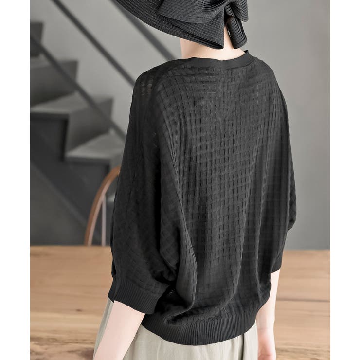 格子編み前リボン５分袖ニットカーディガン | rps | 詳細画像16 