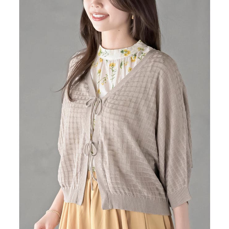 格子編み前リボン５分袖ニットカーディガン | rps | 詳細画像23 