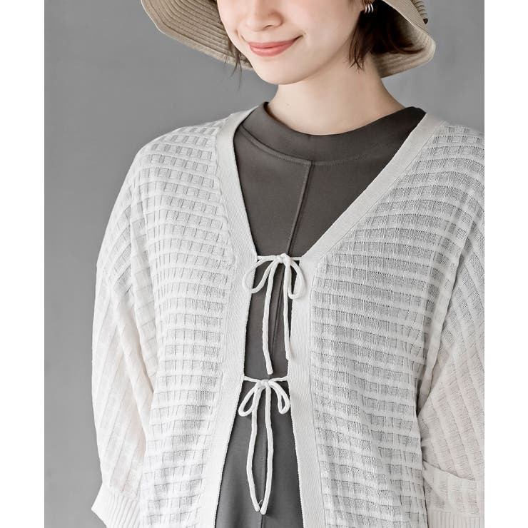 格子編み前リボン５分袖ニットカーディガン | rps | 詳細画像6 