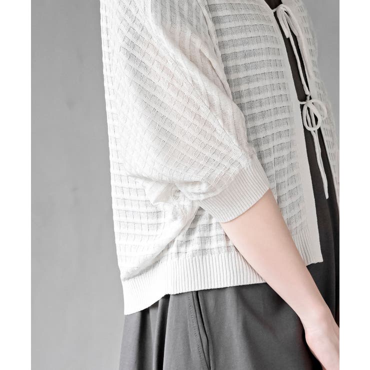 格子編み前リボン５分袖ニットカーディガン | rps | 詳細画像9 