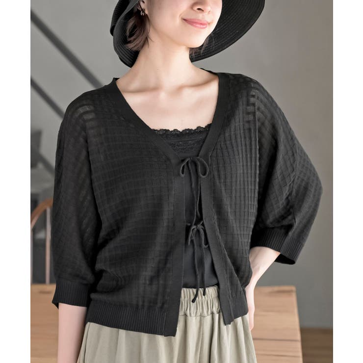 ブラック | 格子編み前リボン５分袖ニットカーディガン | rps