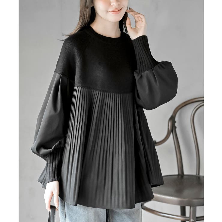 ブラック | Ａラインプリーツ切替ニットプルオーバー | rps