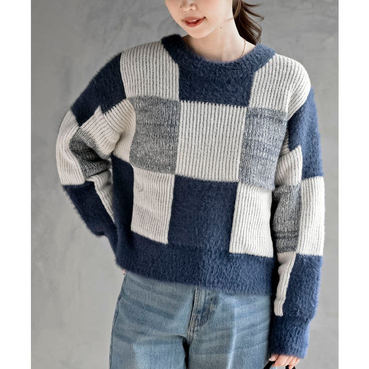 ネイビー | ブロック配色柄ニットプルオーバー | rps