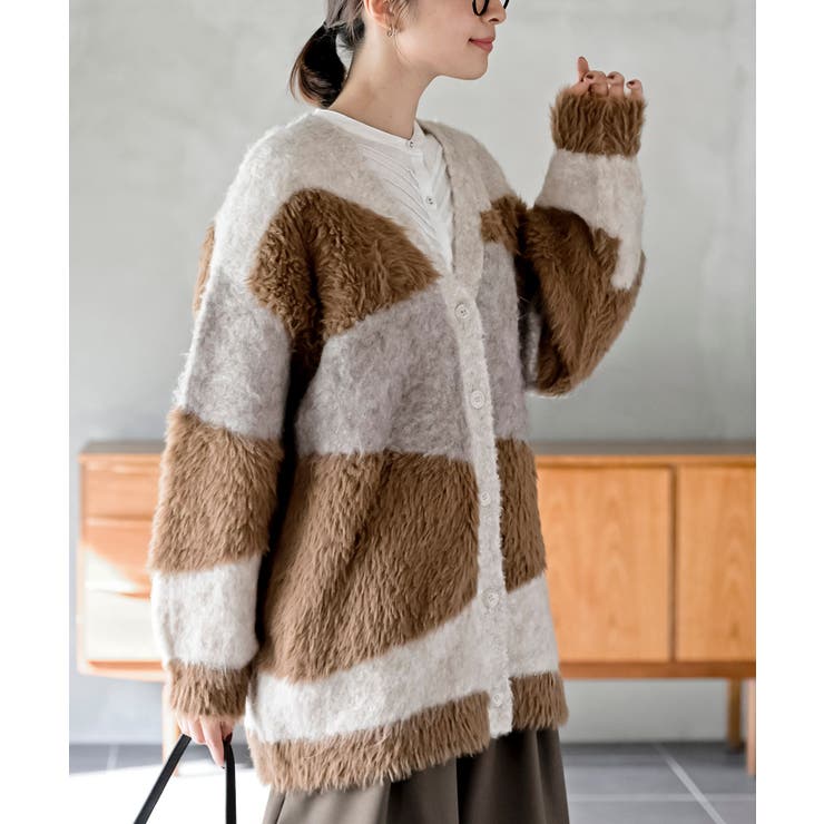 ブラウン | 異素材ＭＩＸ×柄ニットカーディガン | rps