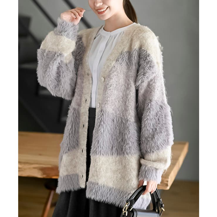 パープル | 異素材ＭＩＸ×柄ニットカーディガン | rps