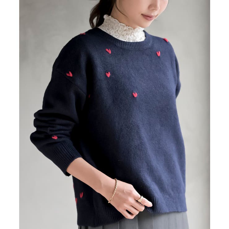 ネイビー | ハート刺繍ニットプルオーバー | rps