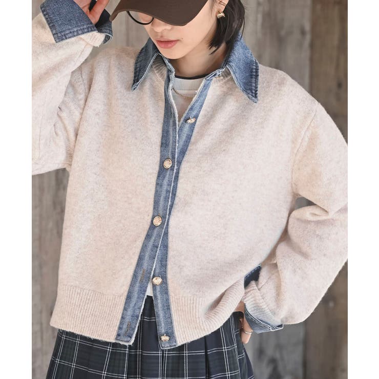 デニム切替レイヤード風ニットカーディガン | rps | 詳細画像1 