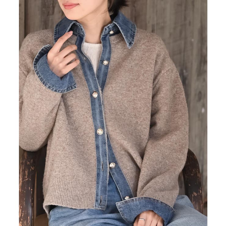 デニム切替レイヤード風ニットカーディガン | rps | 詳細画像14 