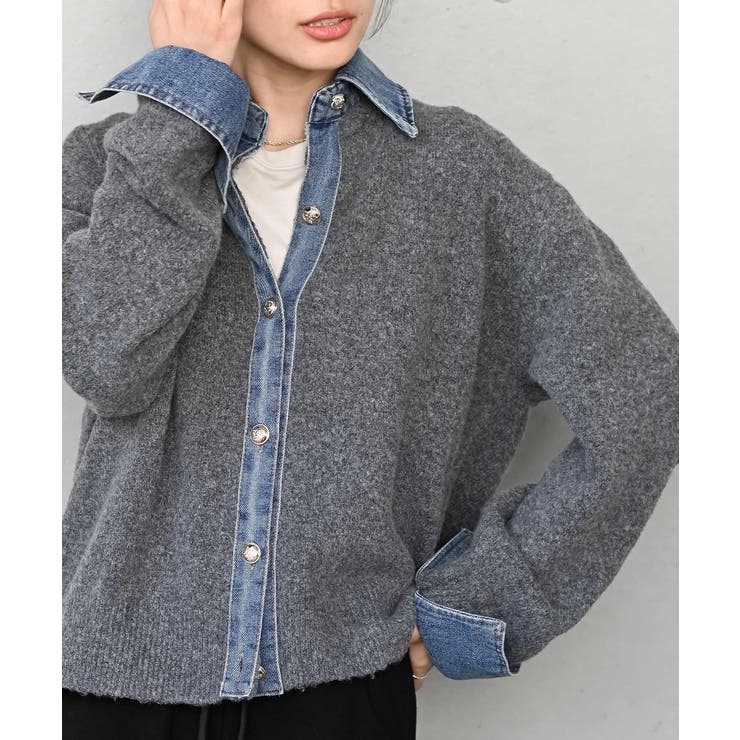 CHACグレー | デニム切替レイヤード風ニットカーディガン | rps