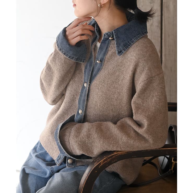 杢ブラウン | デニム切替レイヤード風ニットカーディガン | rps