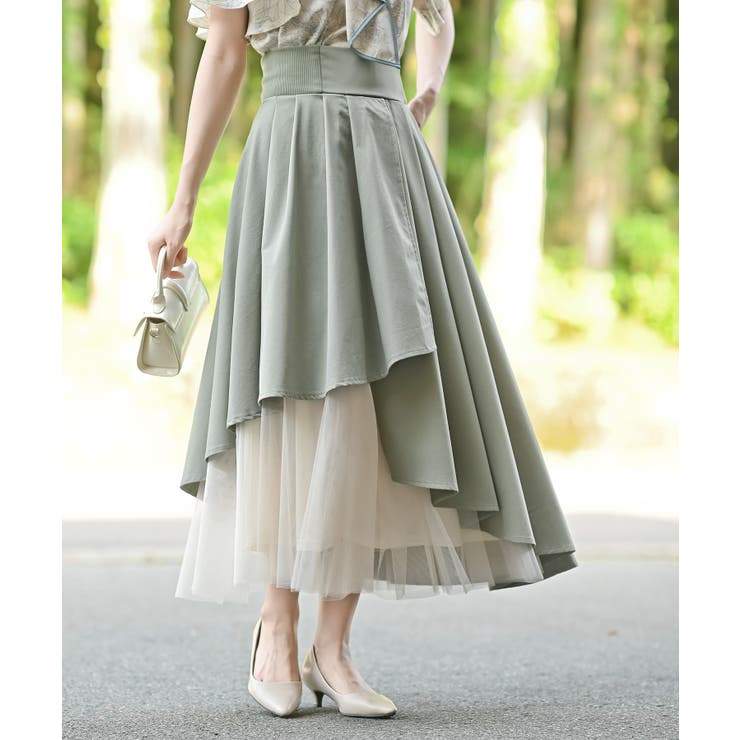 チュール切替アシンメトリーロングスカート[品番：RPSW0003466