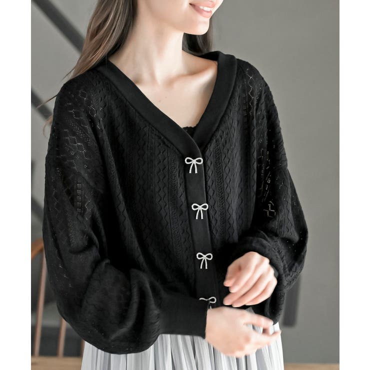 リボンボタン透かし編みニットカーディガン | rps | 詳細画像1 